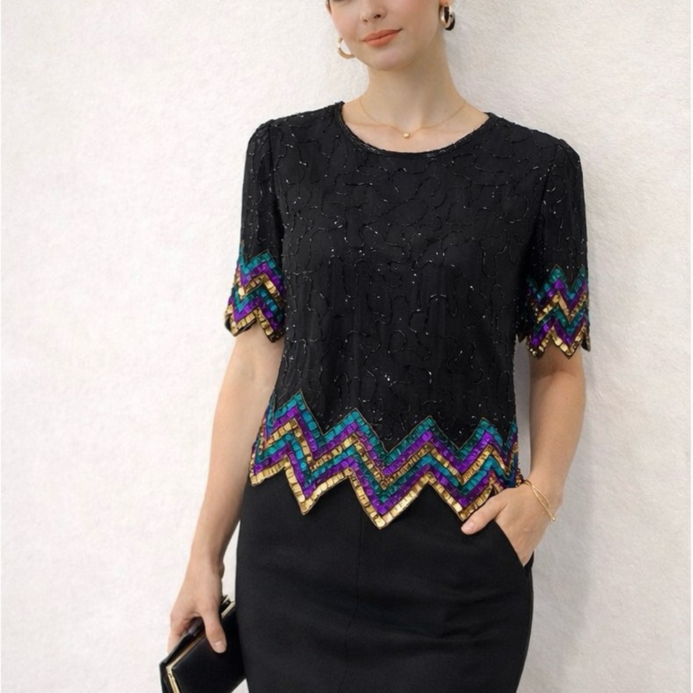 Scala Vintage Beaded Sequin Top Black Silk Zig Zag Hem Embellished Party Blouse
